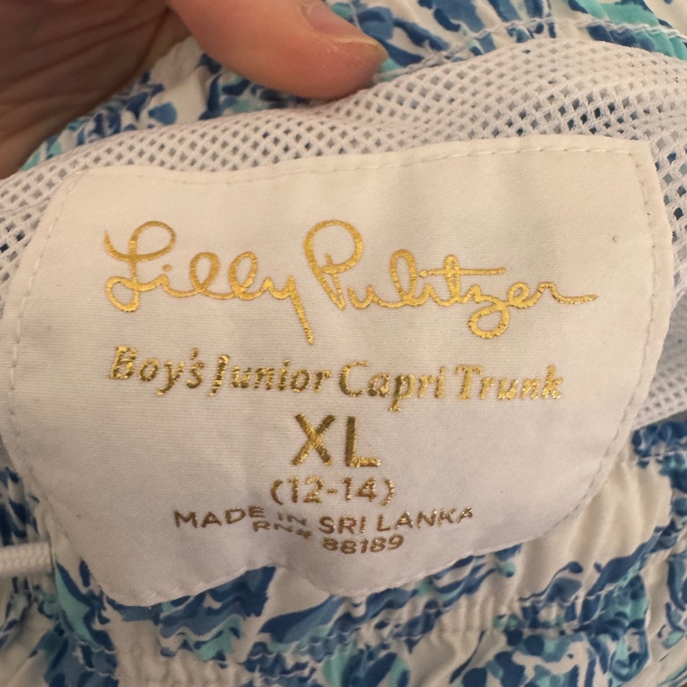 Lilly Pulitzer Kids White Swim Trunks with Blue Seashell Print - Picture 3 of 4